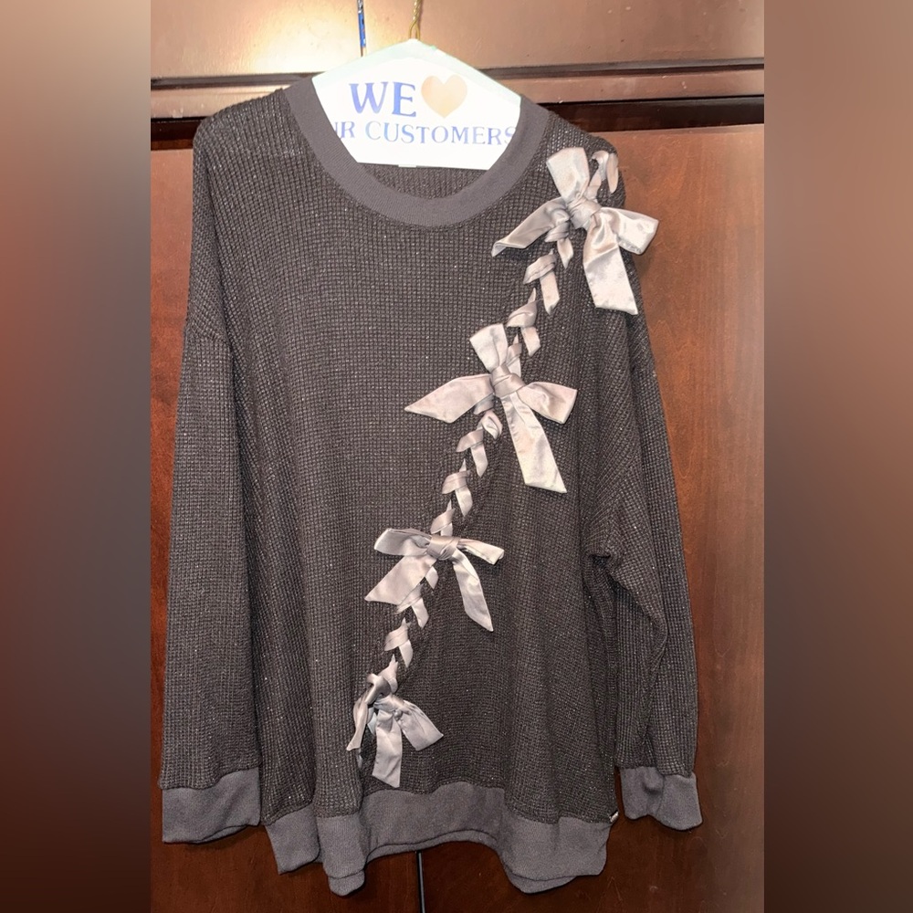 Adore Me Shimmer Gray/black Sweater with Ribbon Detail 2X